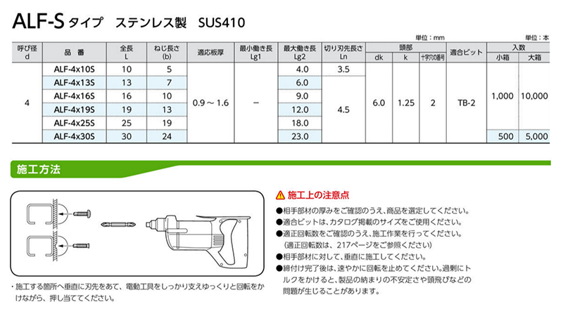 ステンレス SUS410 ドリルスクリューALF-S(皿頭 小頭(D=6)(細目 