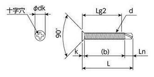 ステンレス SUS410 ドリルスクリューALF-SP(皿頭 小頭(D＝6)(細目)(サンコーテクノ) アルミ専用(パック入)の寸法図