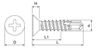 ステンレス SUS410 ジャックポイント 皿頭(全ねじタイプ)の寸法図