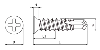 ステンレス SUS410 ジャックポイント 皿頭 小頭(頭径D＝6)(粗目)の寸法図