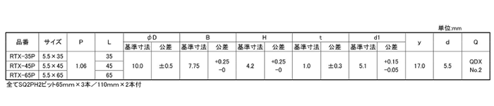 ステンレスSUS410 最強ステンヘクスビス 六角太郎 (四角穴/+穴兼用)(SUS/厚鉄板対応)(パック品)の寸法表