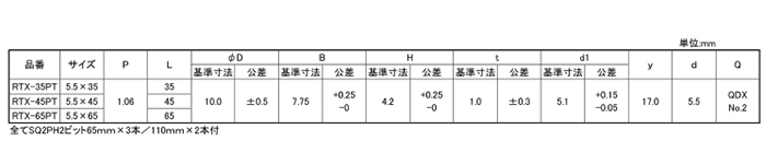 ステンレスSUS410 最強ステンヘクスビス 六角太郎 (四角穴/+穴兼用)(SUS/厚鉄板対応)(プラケース中箱品)の寸法表