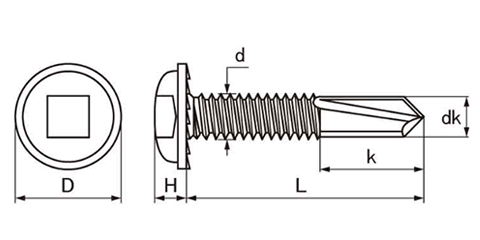 ステンレス SUS410 エースポイント ロング9 なべ頭 (四角穴)(H鋼、厚鉄板用)の寸法図