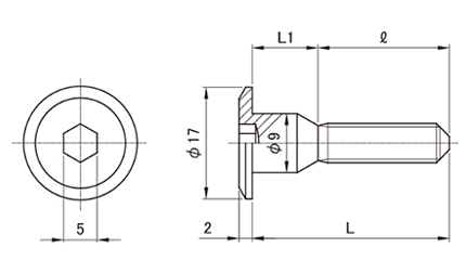 鉄 ジョイントコネクターボルトAタイプ JCB-A (六角穴スパナ径5mm)(頭径D＝17)の寸法図