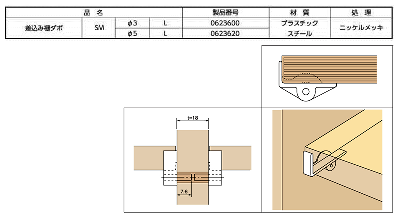 樹脂製 差込み 棚ダボ SM (L)の寸法表