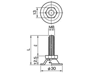 鉄 レーベルBタイプ ナット付 (汎用アジャスター)(台座φ30)(ムラコシ精工)の寸法図