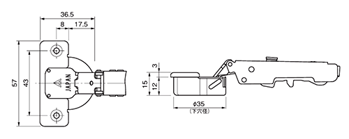 ムラコシ精工 簡単ワンタッチ並行着脱式スライドヒンジ(MFA105°)の寸法図