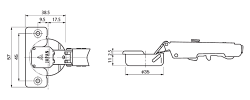 ムラコシ精工 開き戸ダンパー(グリッサンド2)専用スライドヒンジ(MWA105°)の寸法図