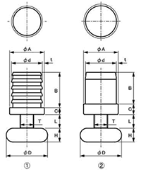 PJR 丸打込アジャスターセット(白濁色/黒色)(高さ調節用) (宮川公製作所)(インチ・ウイット)の寸法図