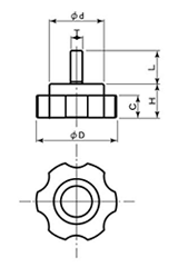 鉄 グリップボルト ABS樹脂 菊型 ねじ部鉄(GBT1/小型)(宮川公製作所)の寸法図