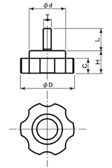 鉄 グリップボルト ABS樹脂 菊型 ねじ部鉄(GBT3/大型)(宮川公製作所)の寸法図