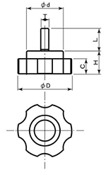 鉄 グリップボルト ABS樹脂 菊型 ねじ部鉄(GBT4/特大型)(宮川公製作所)の寸法図