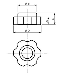 鉄 グリップナット ABS樹脂 菊型 ねじ部 黄銅(GNT2/中型)(宮川公製作所)の寸法図
