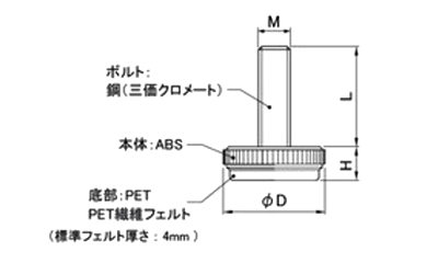 フエルト樹脂 アジャスター(ねじ長タイプ)(A400)(底ABS)(床傷防止)(宮川公製作所)の寸法図
