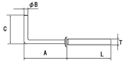黄銅 ナット付洋折 (ねじ径-線径x露出部mmx全長mm(約)の寸法図