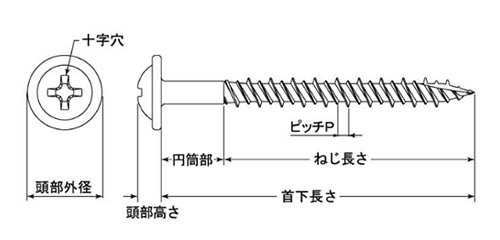 鉄(+) 木くぞう (パンワッシャー頭)(スリム万能半ねじ)(JPF製)の寸法図