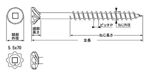 鉄(+) セレーションビス (セレート/座掘り機能)(半ねじ)(JPF製)の寸法図
