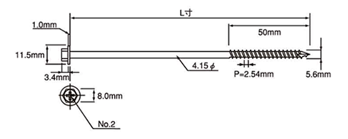 鉄(+)アプセット ワッシャーヘッドビス10山 (六角頭コーススレッド)の寸法図