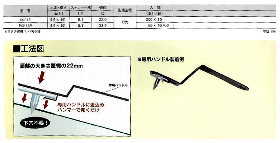 鉄 RCフラットネイル (平頭) (アスファルトルーフィング専用)の寸法表