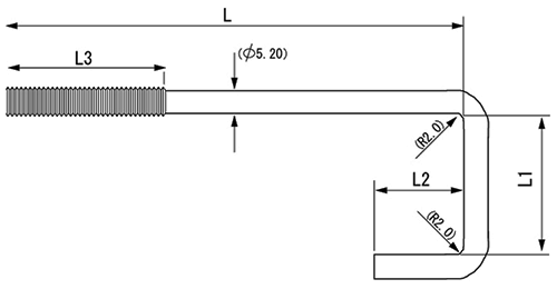 鉄 チャンネルフック ボルト (M6ネジ品)の寸法図