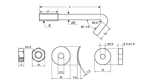 鉄 フックボルトセット (インチネジ 小波・黒 W1/4)の寸法図