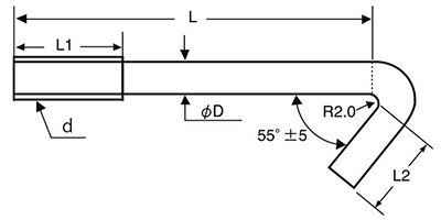 ステンレス フックボルト(単品)(インチネジ W 3/16・1/4品)の寸法図