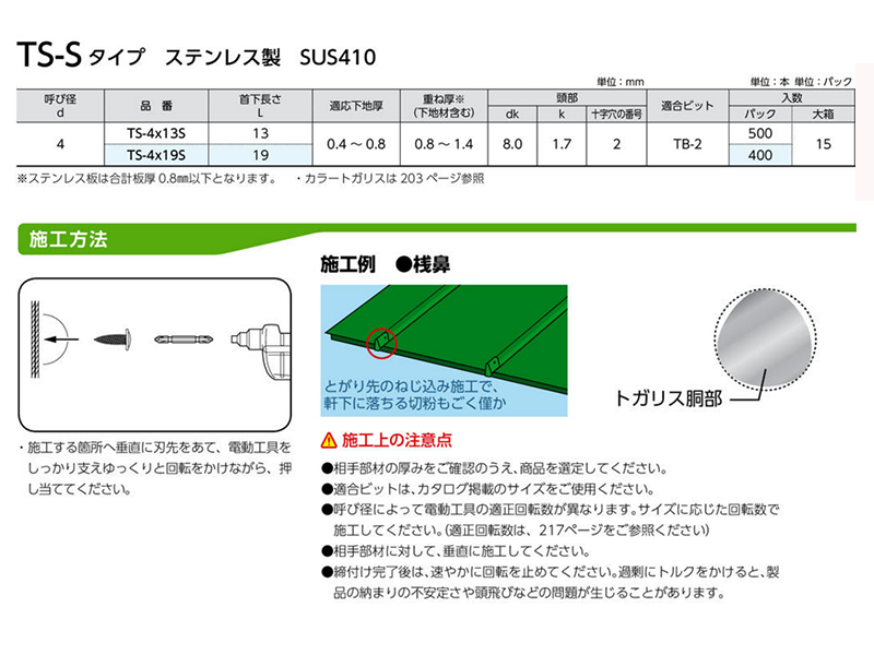 ステンレス SUS410 トガリス(シンワッシャー頭)(薄鋼板専用)の寸法表