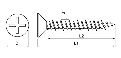 ステンレス SUS410 ノープラグ(+)皿頭 (コンクリート用ビス)(バリューパック)(若井産業)の寸法図