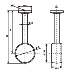 フジテック ダイキャスト 丸型ハンガーパイプ用 吊下ブラケット(止まり用)の寸法図