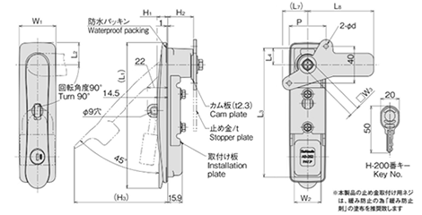 ホシモト 亜鉛合金 二重ロック防水平面スイングハンドル (AB-252-●-1W)(サチライト・クロムメッキ品)の寸法図
