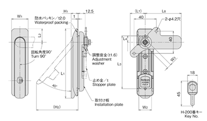 ホシモト 亜鉛合金 防水平面スイングハンドル インジケーター付 (AB-262-1)(サチライトクロムメッキ品)の寸法図