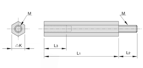 鉄(ROHS2対応) 六角サポーター(六角支柱スペーサー)(EK)(オス+メスねじ) ホシモトの寸法図