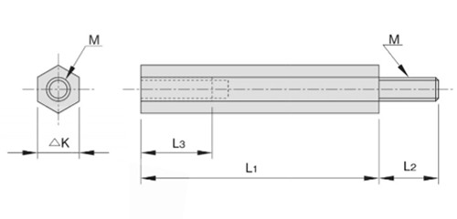 鉄(ROHS2対応) 絶縁六角サポーター(チューブ付スペーサー)(EKZ)(オス+メスねじ) ホシモトの寸法図