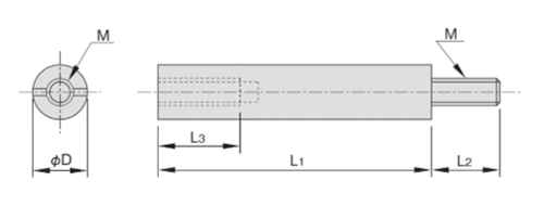 鉄(ROHS2対応) 丸サポーター(スリ割付)(丸型支柱スペーサー)(EO)(オス+メスねじ) ホシモトの寸法図