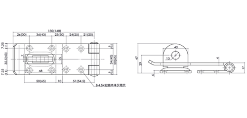 クマモト 鉄 強力掛金 (D-53)(皿木ねじ付)の寸法図