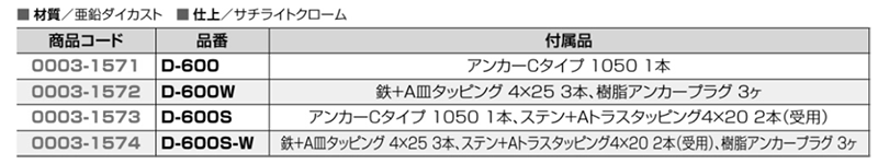 クマモト 棒型戸当(フック付・ビス止め)(亜鉛ダイカスト/サチライトクローム) D-600Sの寸法表