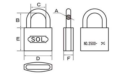 SOL HARD シリンダー南京錠 No.2500 真鍮製 (カギ違い)の寸法図