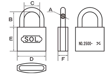 SOL HARD シリンダー南京錠 No.2500 真鍮製 ビスター包装 (カギ違い)の寸法図
