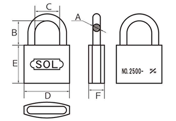 SOL HARD シリンダー南京錠 No.2500 ステンロック (本体：真鍮製)(カギ違い)の寸法図