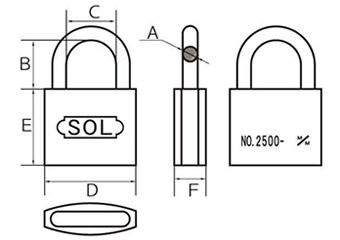 SOL HARD シリンダー南京錠 No.2500 ステンロック ビスター包装 (本体：真鍮製)(カギ違い)の寸法図