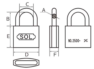 SOL HARD シリンダー南京錠 No.2500 ステンロック (本体：真鍮製)(同一鍵定番)の寸法図