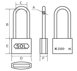 SOL HARD シリンダー南京錠 No.2500 ステンロック ツル長 (本体：真鍮製)(カギ違い)の寸法図
