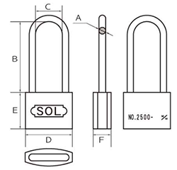 SOL HARD シリンダー南京錠 No.2500 ステンロック ツル長 ビスター包装 (本体：真鍮製)(カギ違い)の寸法図