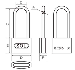 SOL HARD シリンダー南京錠 No.2500 ステンロック ツル長 (本体：真鍮製)(同一鍵定番)の寸法図