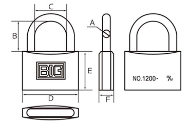 SOL HARD BIGシリンダー南京錠 No.1200 真鍮製 (カギ違い)の寸法図