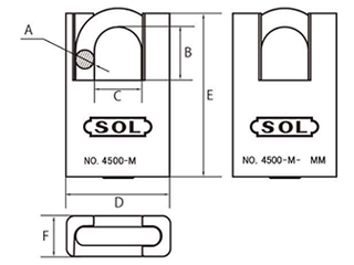SOL HARD フード付きシリンダー南京錠 No.4500 セーフティロック 真鍮製 (カギ違い)の寸法図