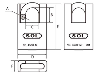 SOL HARD フード付きシリンダー南京錠 No.4500 セーフティロック 真鍮製 (同一鍵定番)の寸法図