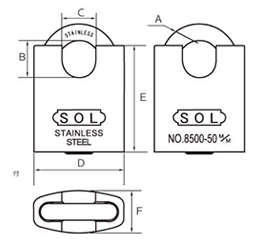 SOL HARD フード付きシリンダー南京錠 No.8500 パーフェクトロック ステンレス製 (カギ違い)の寸法図