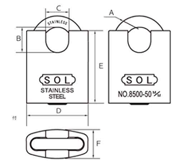 SOL HARD フード付きシリンダー南京錠 No.8500 パーフェクトロック ステンレス製 (同一鍵定番)の寸法図