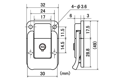 鉄 パッチン錠 角型 鍵付き(クマモト)の寸法図